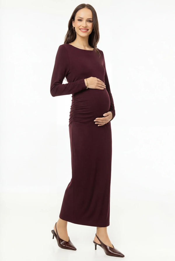 Μακριά κομψή φόρεμα με πιέτες – μπορντό - - soonMAMA - Η σωστή προσθήκη στην κομψή και άνετη εγκυμοσύνη! - Παλτά για έγκυες