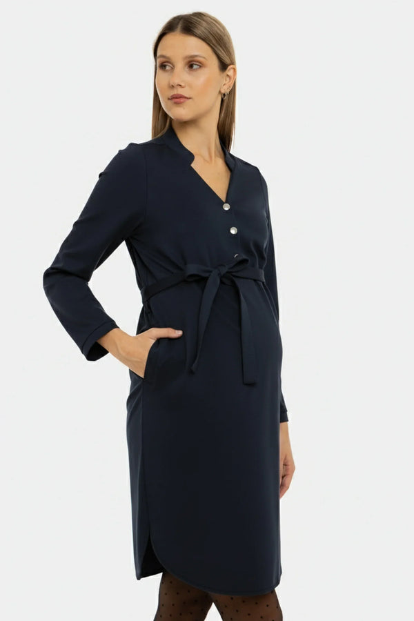 Ελαστικό σκούρο μπλε φόρεμα εγκυμοσύνης και θηλασμού - - soonMAMA - Η σωστή προσθήκη στην κομψή και άνετη εγκυμοσύνη! - Παλτά για έγκυες