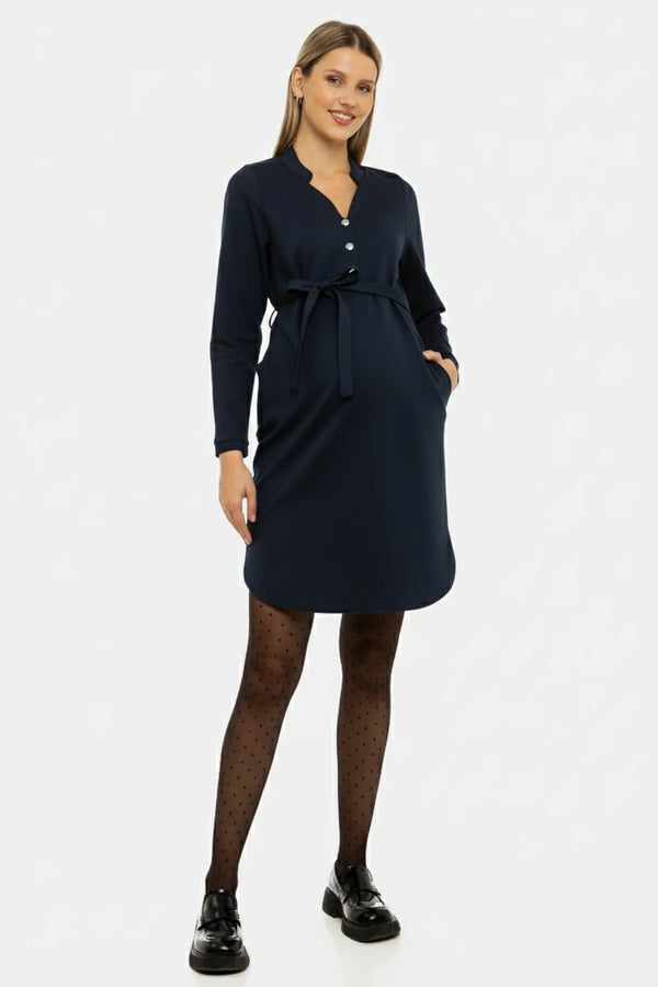 Ελαστικό σκούρο μπλε φόρεμα εγκυμοσύνης και θηλασμού - - soonMAMA - Η σωστή προσθήκη στην κομψή και άνετη εγκυμοσύνη! - Παλτά για έγκυες