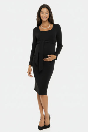 Κομψό μακρύ φόρεμα με φαρδιά ζώνη σε μαύρο χρώμα - - soonMAMA - Η σωστή προσθήκη στην κομψή και άνετη εγκυμοσύνη! - Παλτά για έγκυες