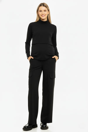 Κομψό μαύρο παντελόνι cargo εγκυμοσύνης - - soonMAMA - Η σωστή προσθήκη στην κομψή και άνετη εγκυμοσύνη! - Παλτά για έγκυες