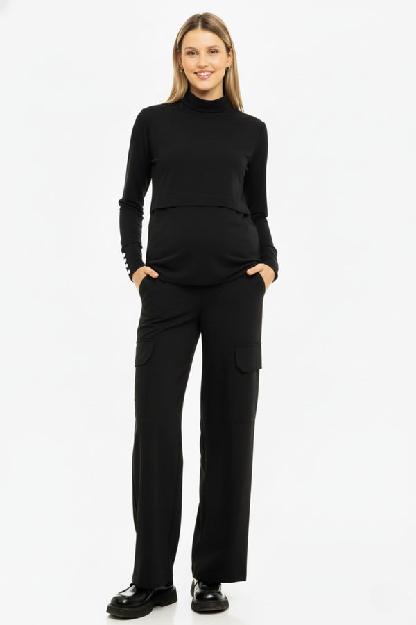 Κομψό μαύρο παντελόνι cargo εγκυμοσύνης - - soonMAMA - Η σωστή προσθήκη στην κομψή και άνετη εγκυμοσύνη! - Παλτά για έγκυες