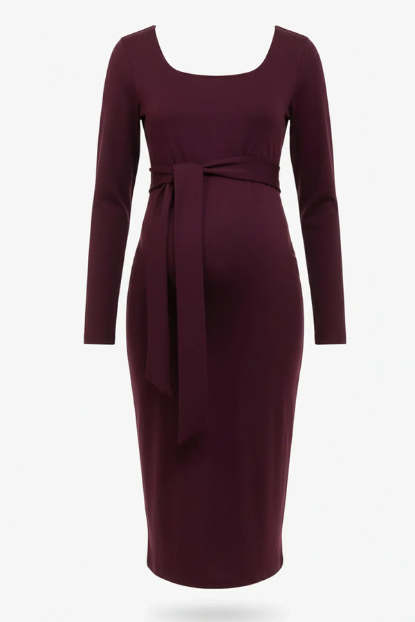 Κομψό μακρύ φόρεμα εγκυμοσύνης με φαρδιά ζώνη σε μπορντό χρώμα - - soonMAMA - Η σωστή προσθήκη στην κομψή και άνετη εγκυμοσύνη! - Παλτά για έγκυες