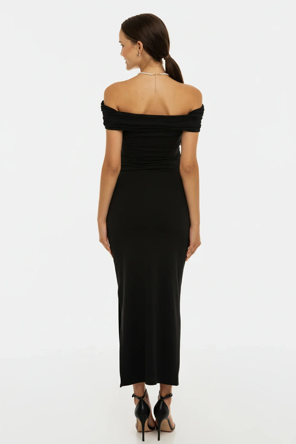 Επίσημο φόρεμα εγκυμοσύνης με σούρες - μαύρο