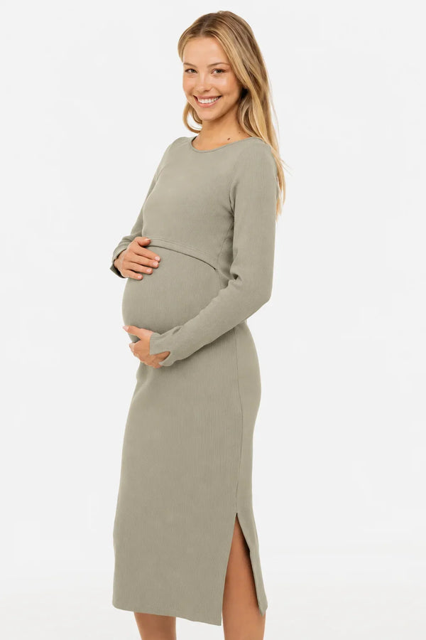 Рипсена памучна рокля за бременни и кърмещи - маслиненозелена