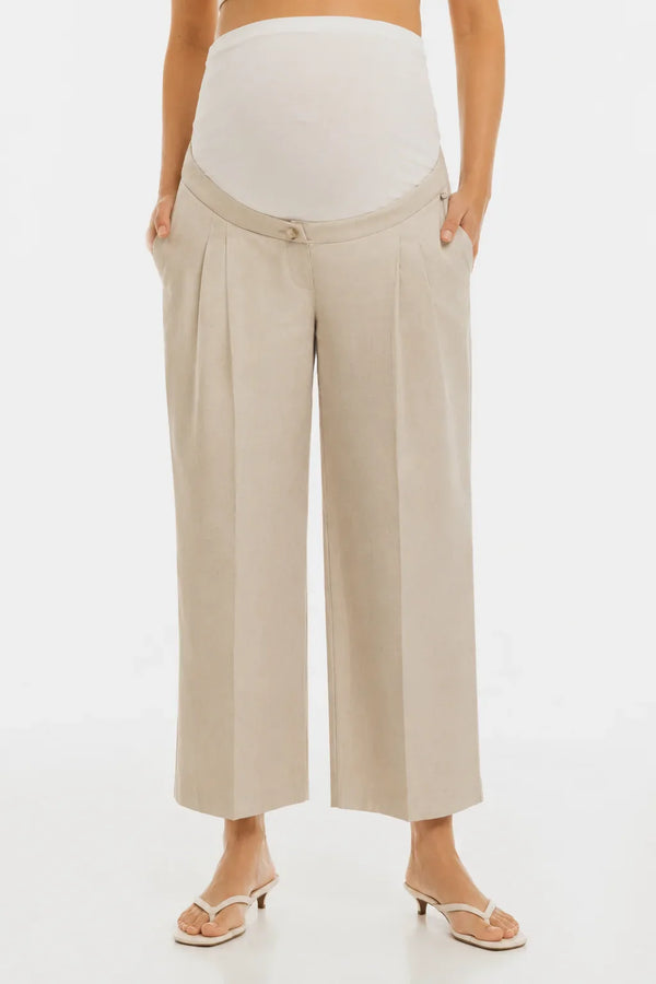 Λινό παντελόνι εγκυμοσύνης 7/8 με μπροστινές πιέτες - μπεζ