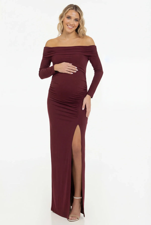 Μακρύ κομψό φόρεμα με ακάλυπτους ώμους - μπορντό - - soonMAMA - Η σωστή προσθήκη στην κομψή και άνετη εγκυμοσύνη! - Παλτά για έγκυες