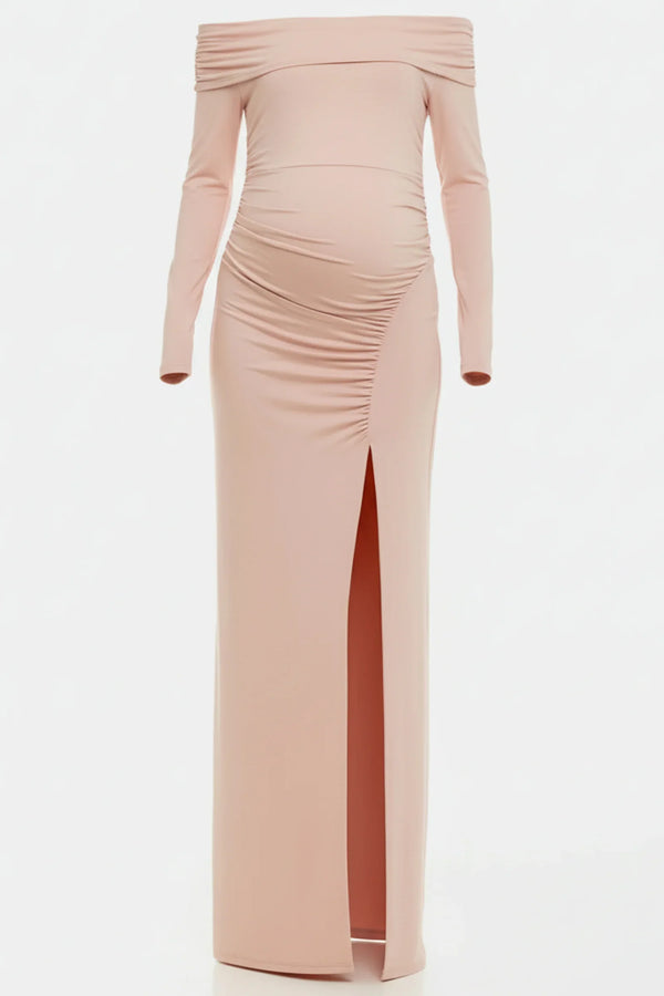 Μακρύ κομψό φόρεμα με ακάλυπτους ώμους - ροζ πούδρα