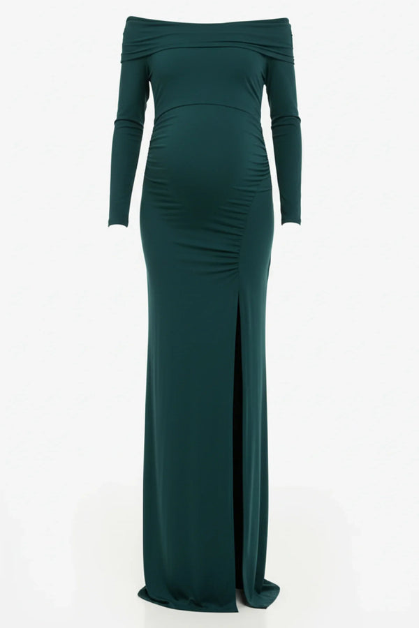 Μακρύ κομψό φόρεμα με ακάλυπτους ώμους - τυρκουάζ - - soonMAMA - Η σωστή προσθήκη στην κομψή και άνετη εγκυμοσύνη! - Παλτά για έγκυες