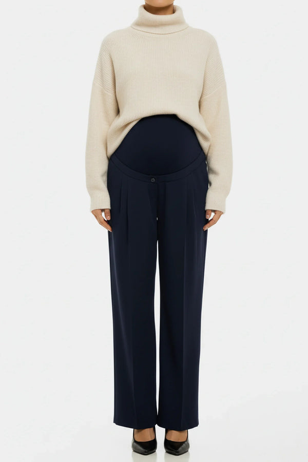 Σκούρο μπλε παντελόνι εγκυμοσύνης σε καμπάνα, με πιέτες - - soonMAMA - Η σωστή προσθήκη στην κομψή και άνετη εγκυμοσύνη! - Παλτά για έγκυες