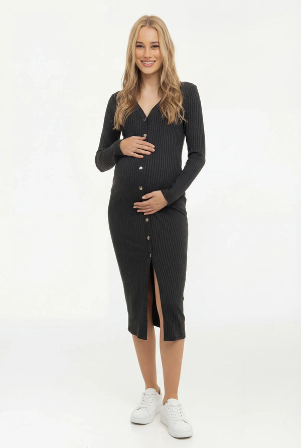 Πλεκτό φόρεμα εγκυμοσύνης και θηλασμού με κουμπιά – ανθρακί - - soonMAMA - Η σωστή προσθήκη στην κομψή και άνετη εγκυμοσύνη! - Παλτά για έγκυες