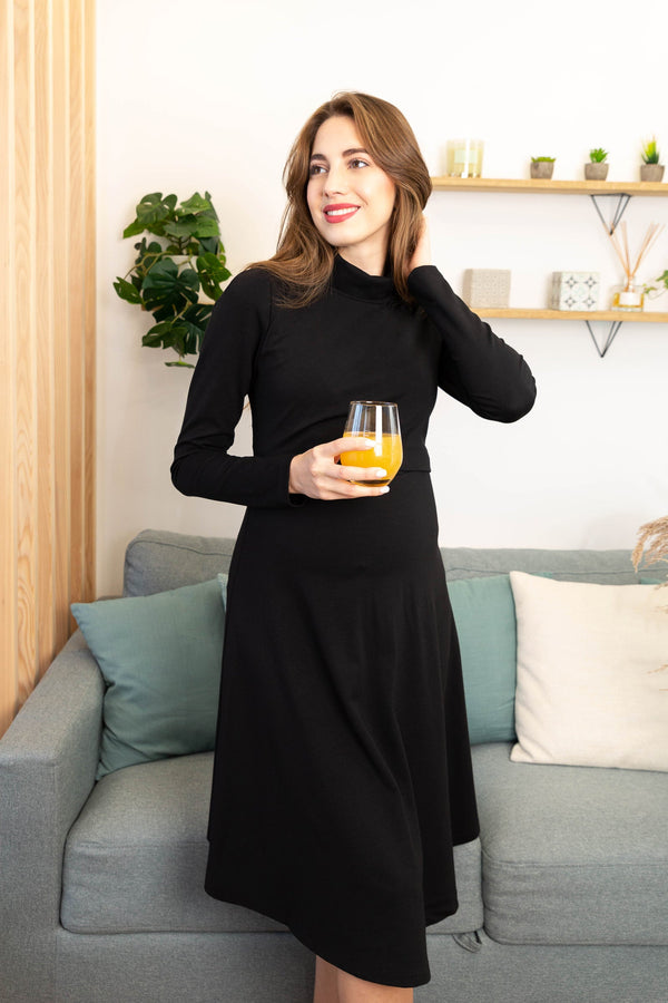 Φόρεμα εγκυμοσύνης και θηλασμού με ζιβάγκο σε γραμμή Α - μαύρο - - soonMAMA - Η σωστή προσθήκη στην κομψή και άνετη εγκυμοσύνη! - Παλτά για έγκυες