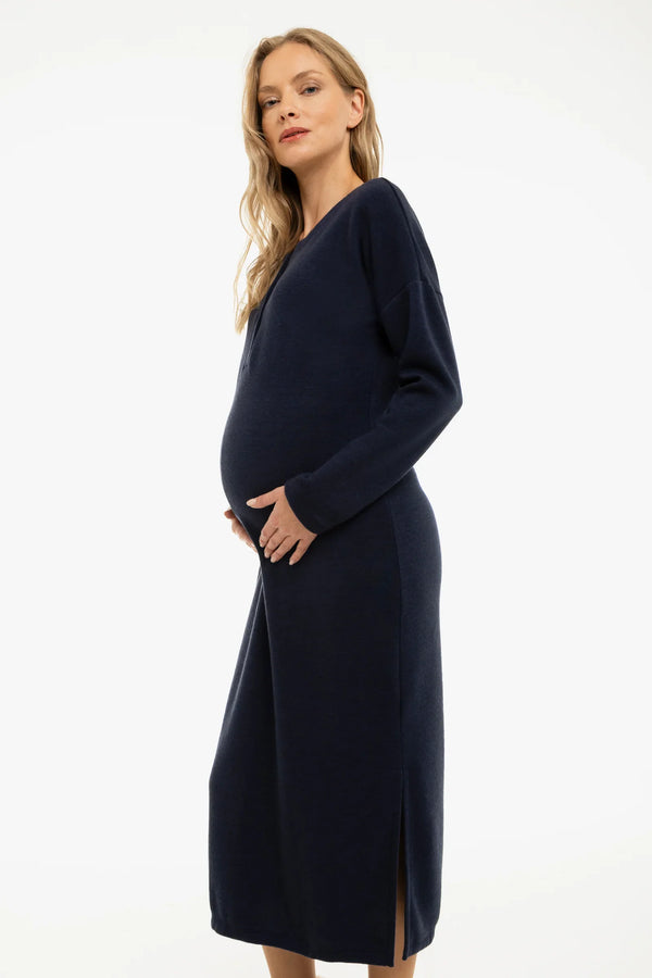 Μακριά πλεκτή φόρεμα εγκυμοσύνης και θηλασμού – σκούρο μπλε - - soonMAMA - Η σωστή προσθήκη στην κομψή και άνετη εγκυμοσύνη! - Παλτά για έγκυες
