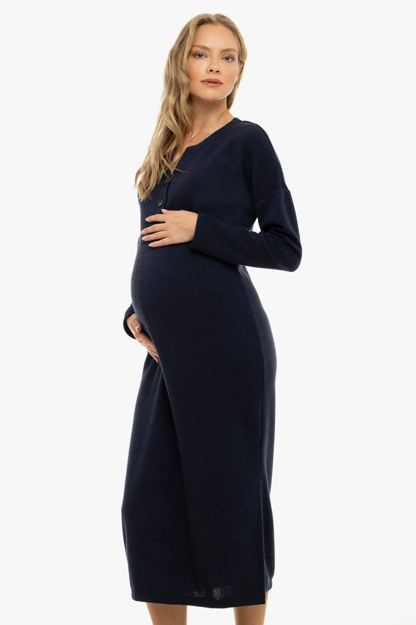Μακριά πλεκτή φόρεμα εγκυμοσύνης και θηλασμού – σκούρο μπλε - - soonMAMA - Η σωστή προσθήκη στην κομψή και άνετη εγκυμοσύνη! - Παλτά για έγκυες