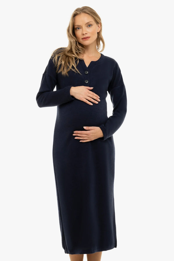 Μακριά πλεκτή φόρεμα εγκυμοσύνης και θηλασμού – σκούρο μπλε - - soonMAMA - Η σωστή προσθήκη στην κομψή και άνετη εγκυμοσύνη! - Παλτά για έγκυες