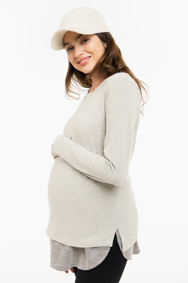 Γκρι βαμβακερό πουλόβερ εγκυμοσύνης και θηλασμού