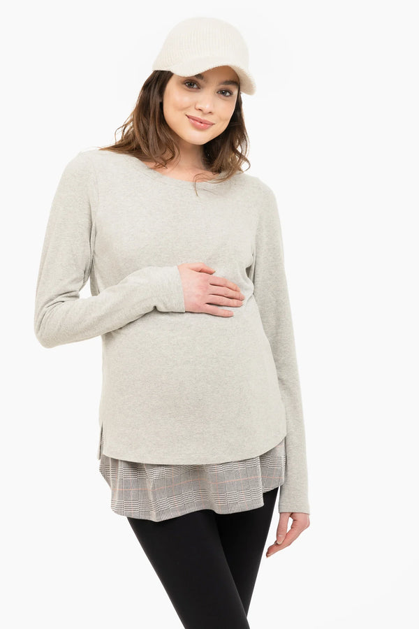 Γκρι βαμβακερό πουλόβερ εγκυμοσύνης και θηλασμού