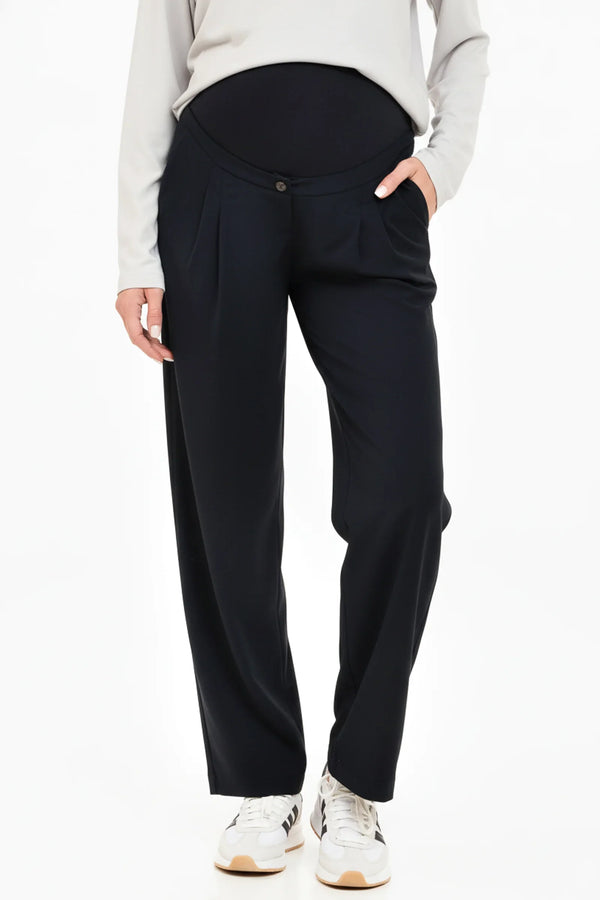 Κοφτό ελαστικό παντελόνι εγκυμοσύνης με πιέτες - σκούρο μπλε - - soonMAMA - Η σωστή προσθήκη στην κομψή και άνετη εγκυμοσύνη! - Παλτά για έγκυες