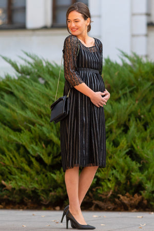Дантелена рокля за бременни с кожени детайли -  - soonMAMA - Η σωστή προσθήκη στην κομψή και άνετη εγκυμοσύνη! - Παλτά για έγκυες