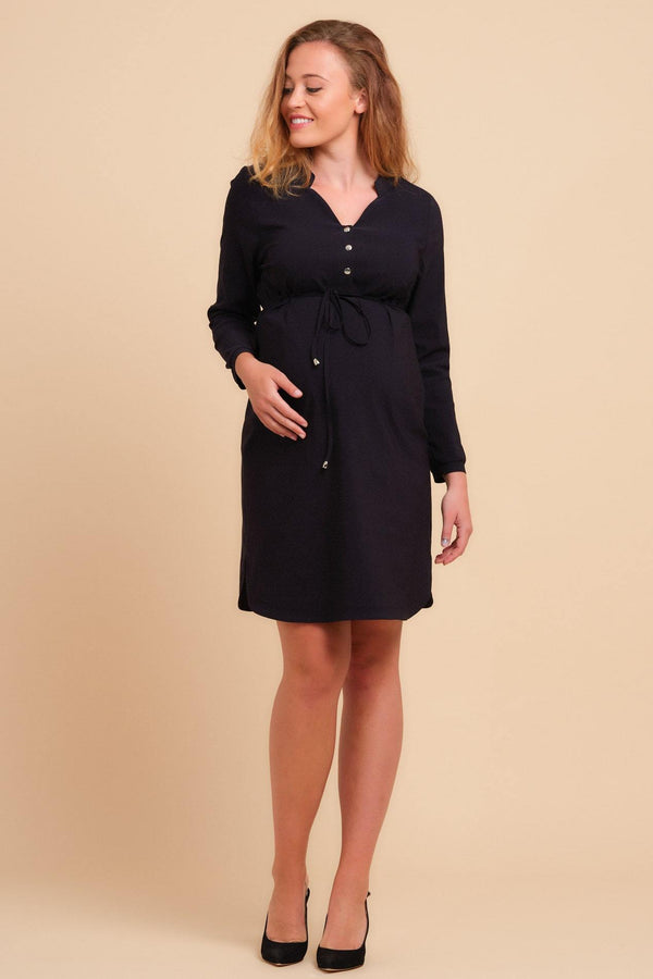 Ελαστικό φόρεμα εγκυμοσύνης και θηλασμού σε σκούρο μπλε - Φόρεμα - soonMAMA - Η σωστή προσθήκη στην κομψή και άνετη εγκυμοσύνη! - Παλτά για έγκυες