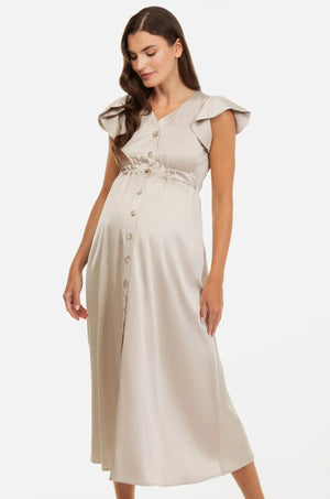 Μπεζ σατινέ φόρεμα εγκυμοσύνη και θηλασμού με βολάν -  - soonMAMA - Η σωστή προσθήκη στην κομψή και άνετη εγκυμοσύνη! - Παλτά για έγκυες