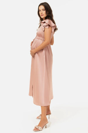 Ροζ παλ σατινέ φόρεμα εγκυμοσύνης και θηλασμού με βολάν -  - soonMAMA - Η σωστή προσθήκη στην κομψή και άνετη εγκυμοσύνη! - Παλτά για έγκυες