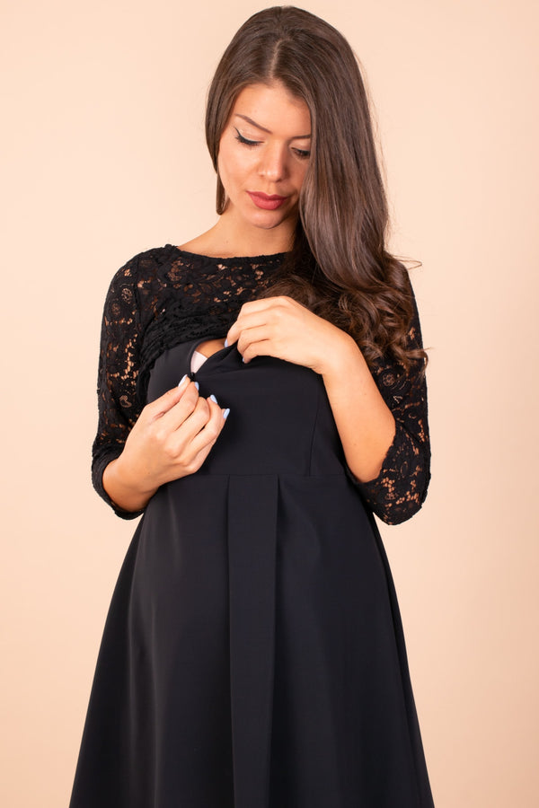 Μαύρο φόρεμα μητρότητας και θηλασμού με δαντελένιο μπούστο - Φόρεμα - soonMAMA - Η σωστή προσθήκη στην κομψή και άνετη εγκυμοσύνη! - Παλτά για έγκυες