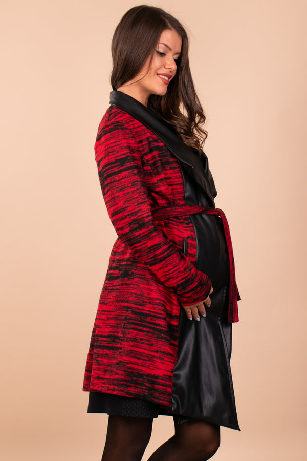 Παλτό σε κόκκινο melange με δερμάτινο πέτο - Παλτό για έγκυες - soonMAMA - Η σωστή προσθήκη στην κομψή και άνετη εγκυμοσύνη! - Παλτά για έγκυες