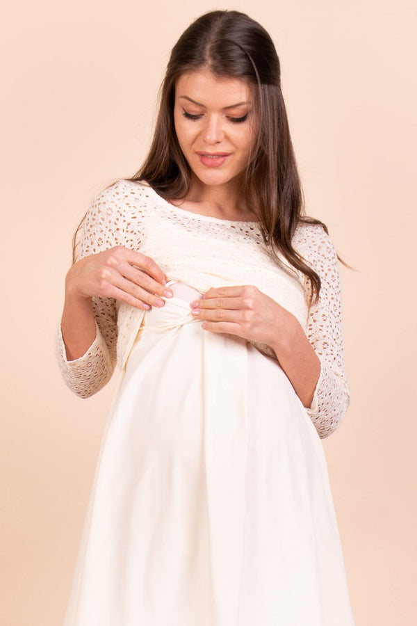 Εκρού φόρεμα εγκυμοσύνη και θηλασμού με δαντέλα - Φόρεμα - soonMAMA - Η σωστή προσθήκη στην κομψή και άνετη εγκυμοσύνη! - Παλτά για έγκυες