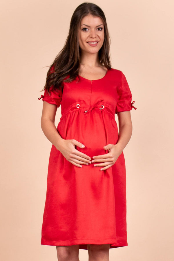 Λινό φόρεμα εγκυμοσύνης και θηλασμού με τρουκς σε κόκκινο - Φόρεμα - soonMAMA - Η σωστή προσθήκη στην κομψή και άνετη εγκυμοσύνη! - Παλτά για έγκυες