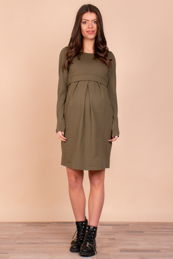 Κομψό φόρεμα εγκυμοσύνης και θηλασμού με μακρύ μανίκι σε χακί χρώμα - Φόρεμα - soonMAMA - Η σωστή προσθήκη στην κομψή και άνετη εγκυμοσύνη! - Παλτά για έγκυες