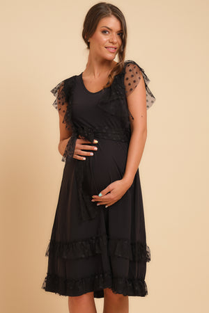 Μακρύ φόρεμα εγκυμοσύνης και θηλασμού με λεπτομέρειες πουά - Clothing - soonMAMA - Η σωστή προσθήκη στην κομψή και άνετη εγκυμοσύνη! - Παλτά για έγκυες